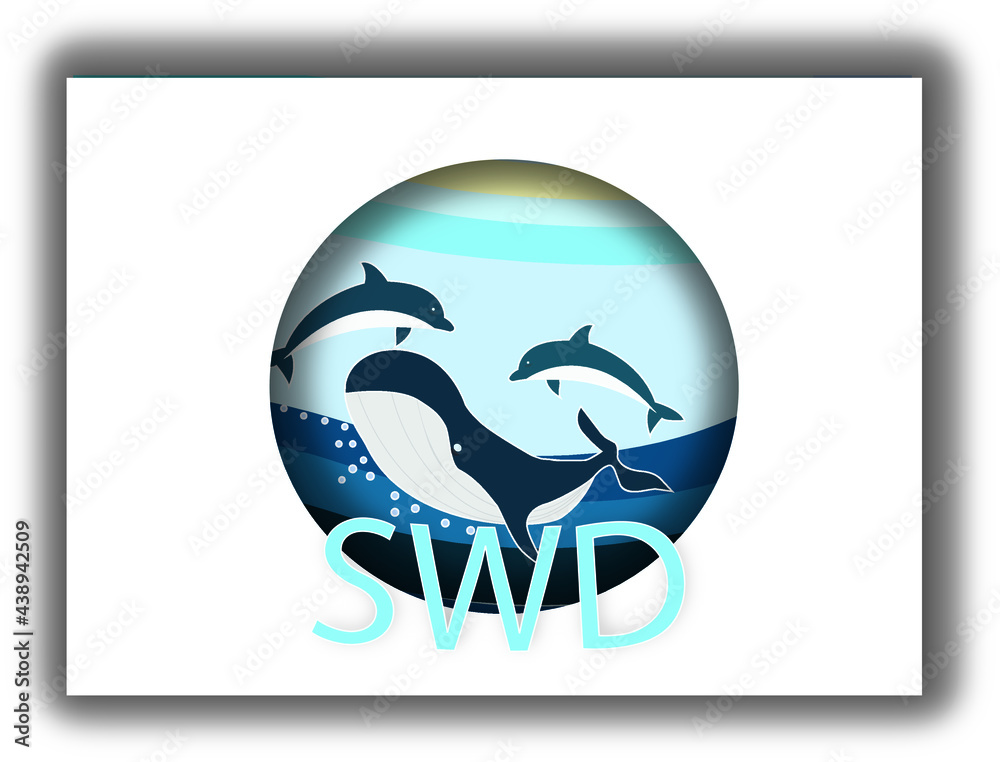 Sea whales and dolphins. World whales and dolphins day, july 23. Paper card, vector illustration.