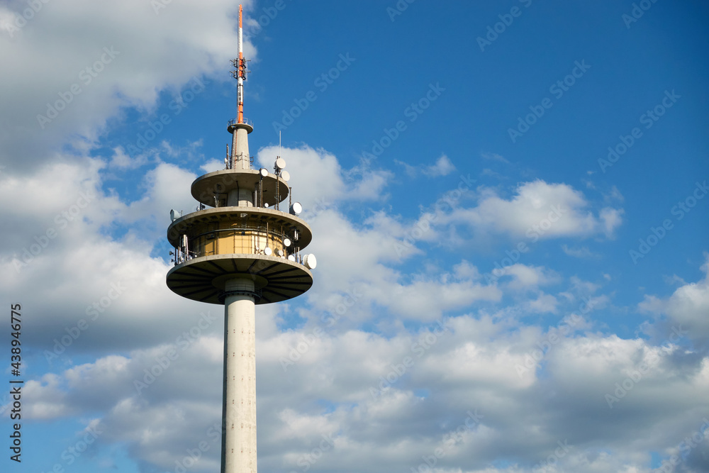 Great Weather Station in Stötten, photographed from below, blue sky in the early evening. Stoetten, 