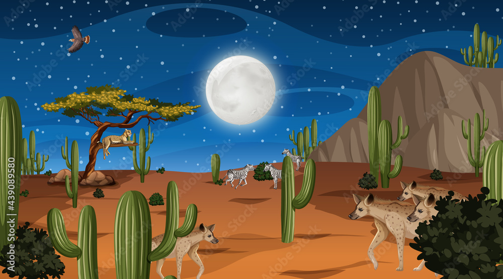 Animals live in desert forest landscape at night scene