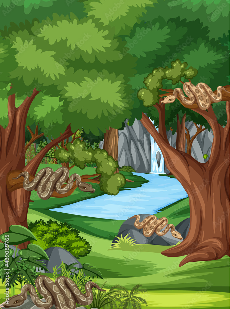 Nature scene with stream flowing through the forest with many snakes