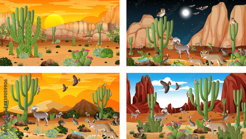 Different scenes with desert forest landscape with animals and plants