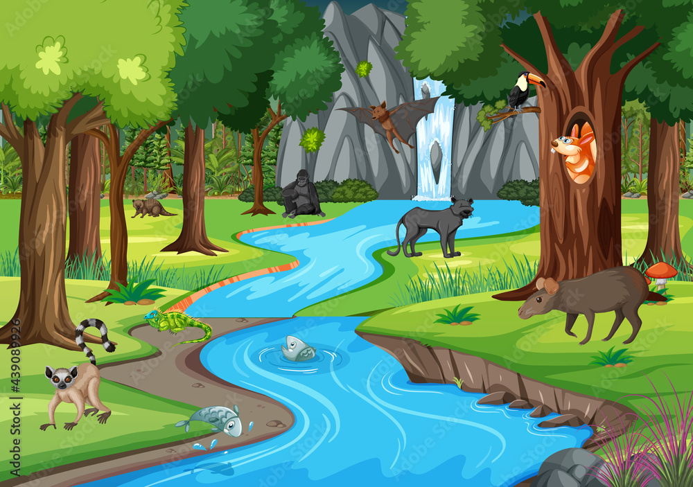 Nature scene with stream flowing through the forest with wild animals