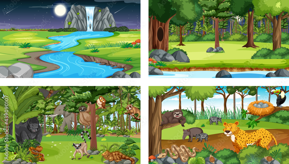 Set of different forest horizontal scene with various wild animals