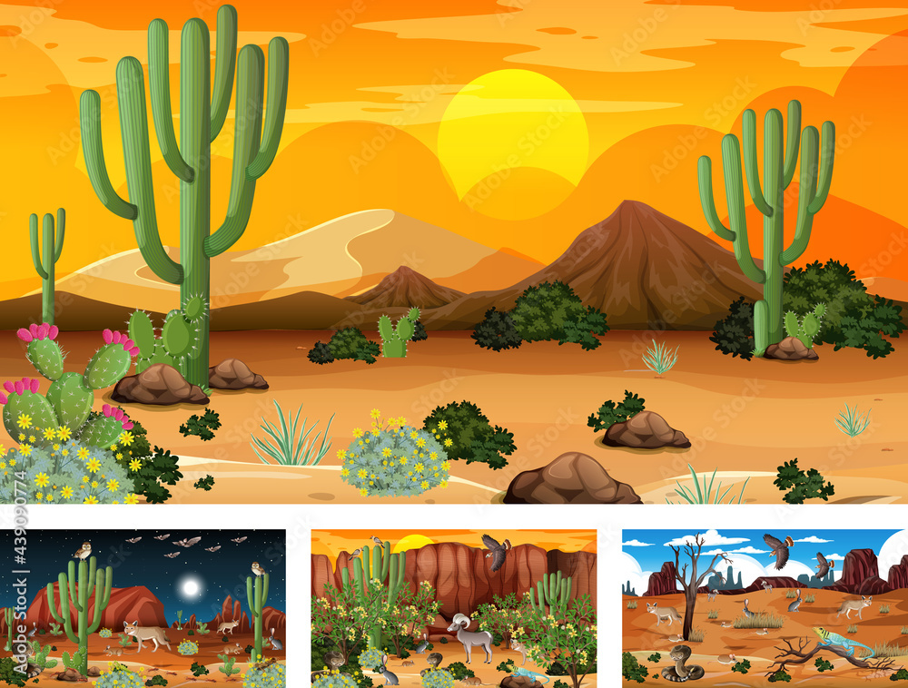 Different scenes with desert forest landscape with animals and plants