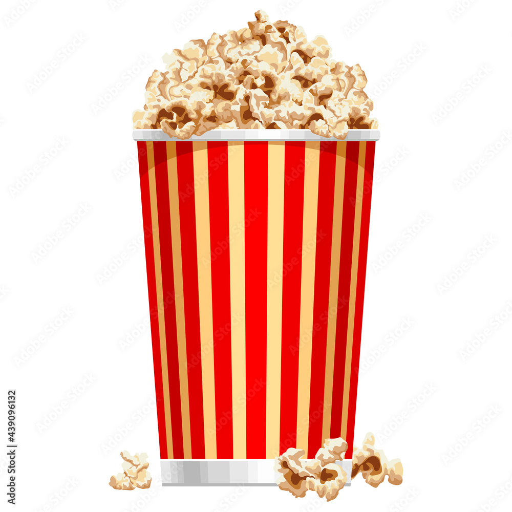 Cardboard striped bucket with pop corn. Vector illustration.