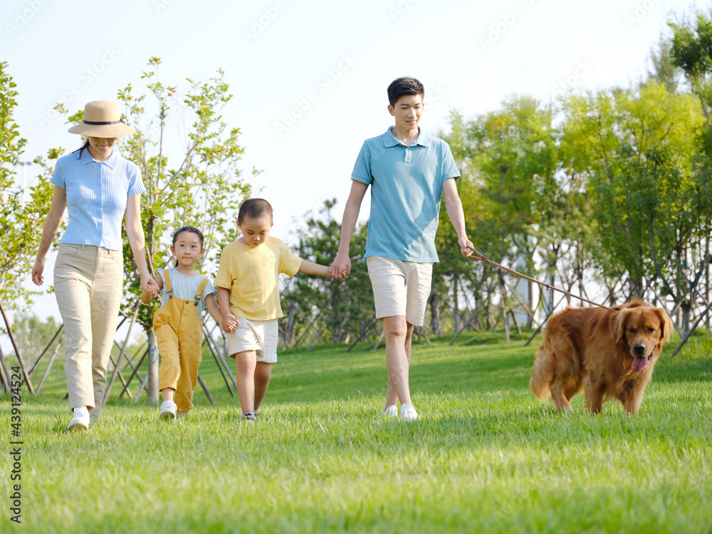 Happy family of four walking dogs in the park