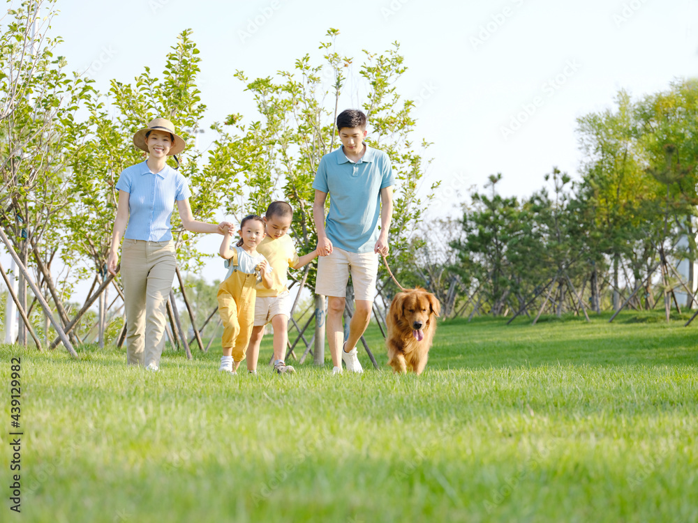 Happy family of four walking dogs in the park