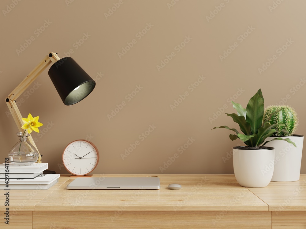 Interior wall mock up with flower vase,dark brown wall and wooden shelf.