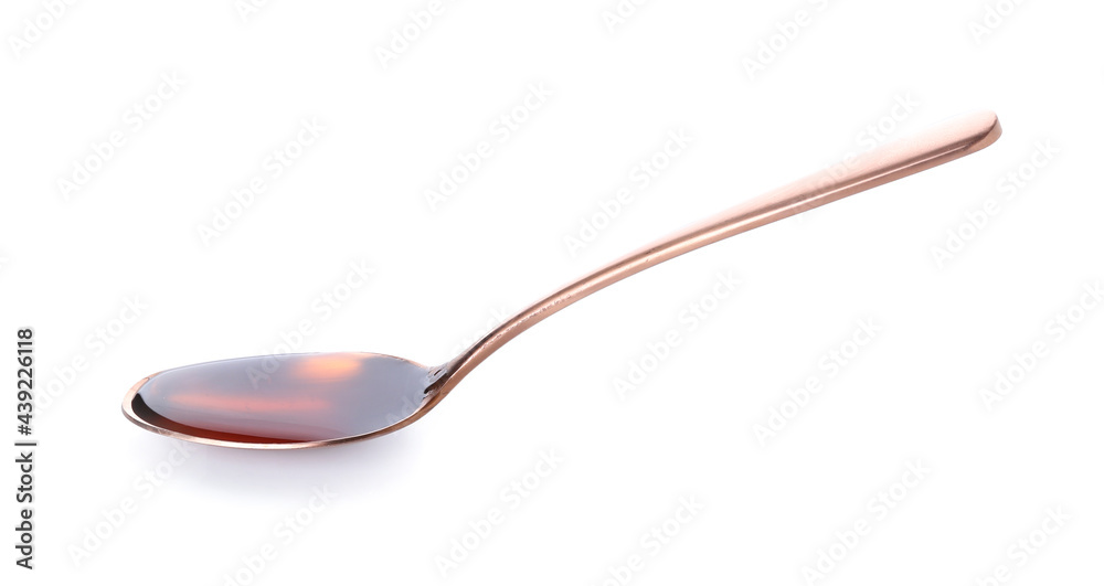 Spoon with tasty honey on white background