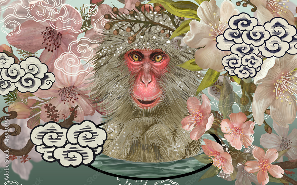 Japanese macaques in an Onsen amid cherry blossom illustration