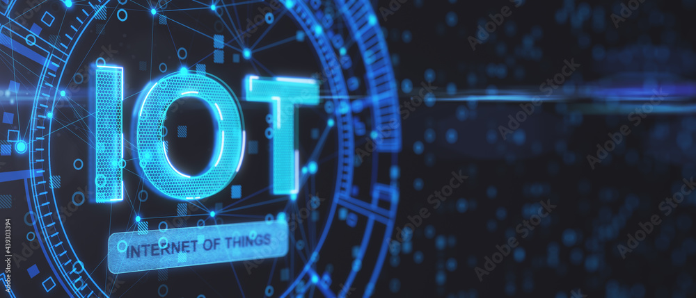 IOT Internet of things concept. IOT word on abstract blue background with mock up layout. 3D Renderi