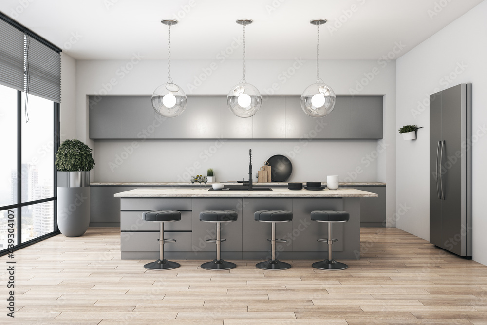 Modern kitchen interior with concrete wall, wooden floor, city view, equipment and spherical lamps. 