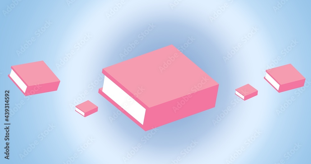 Composition of pink books floating on blue background with white halo