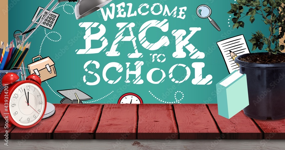 Composition of welcome back to school in white on chalkboard with alarm clock and school equipment