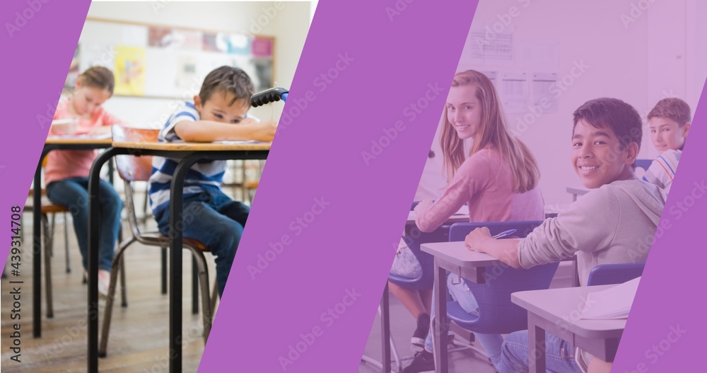 Composition of purple bands over two images of schoolchildren sitting at desks in classrooms