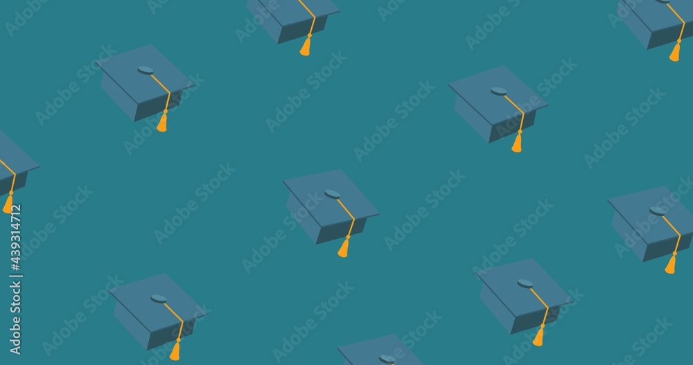 Composition of mortarboards floating on mid blue background