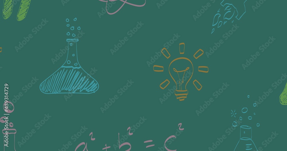 Composition of colourful chalk drawings relating to chemistry and maths on green chalkboard