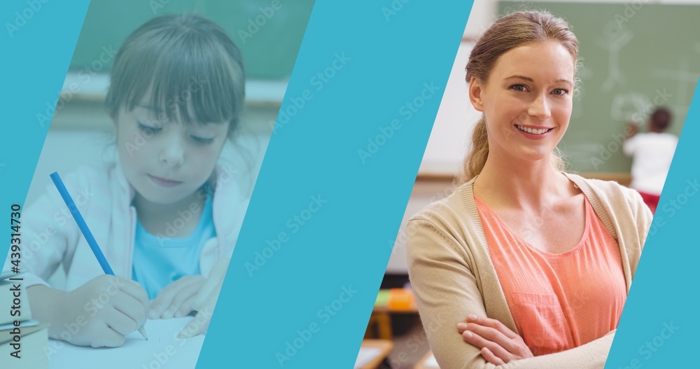 Composition of blue bands over smiling female teacher and schoolgirl writing in class