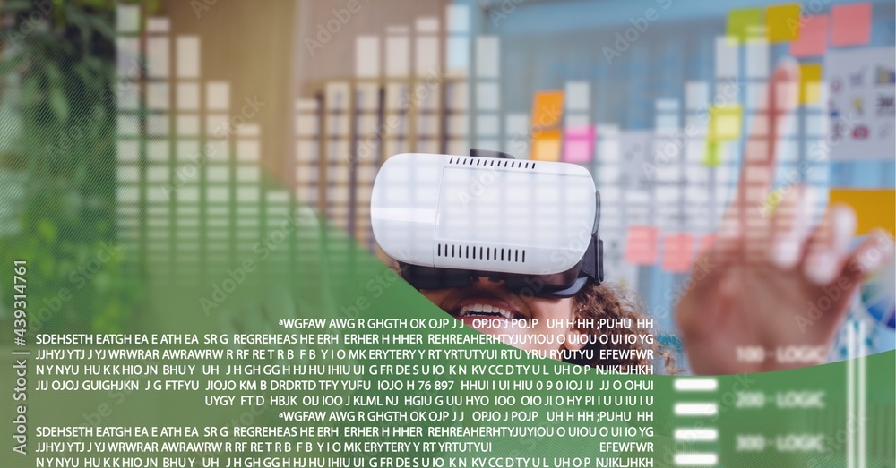 Data processing over woman wearing vr headset at office against green technology background