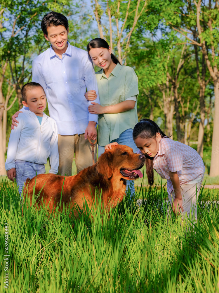 Happy family of four and pet dog playing in the park