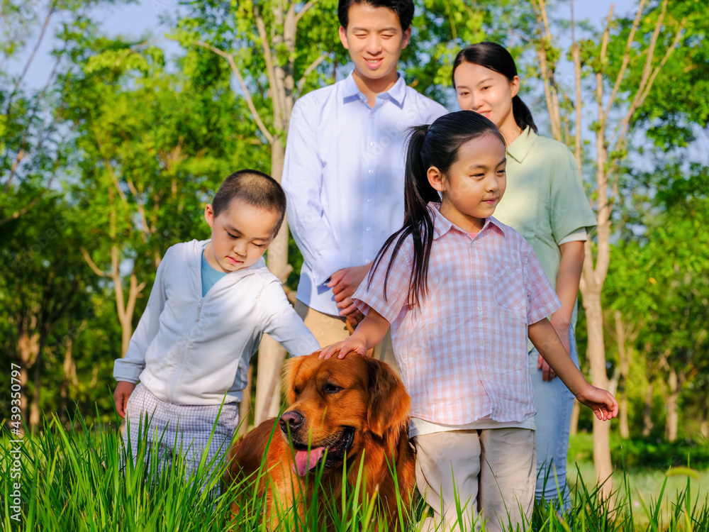 Happy family of four and pet dog playing in the park