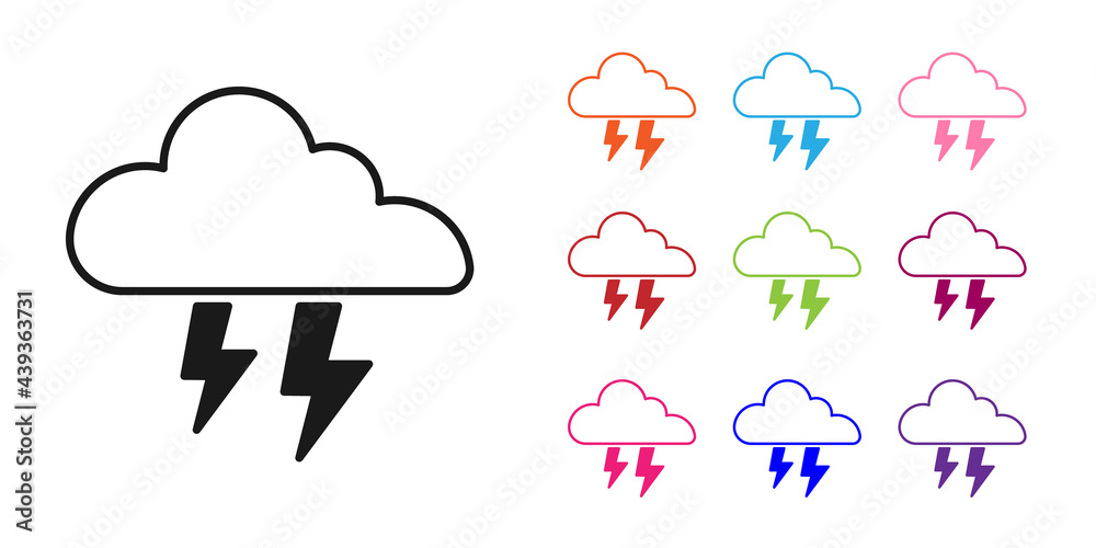 Black Storm icon isolated on white background. Cloud and lightning sign. Weather icon of storm. Set 