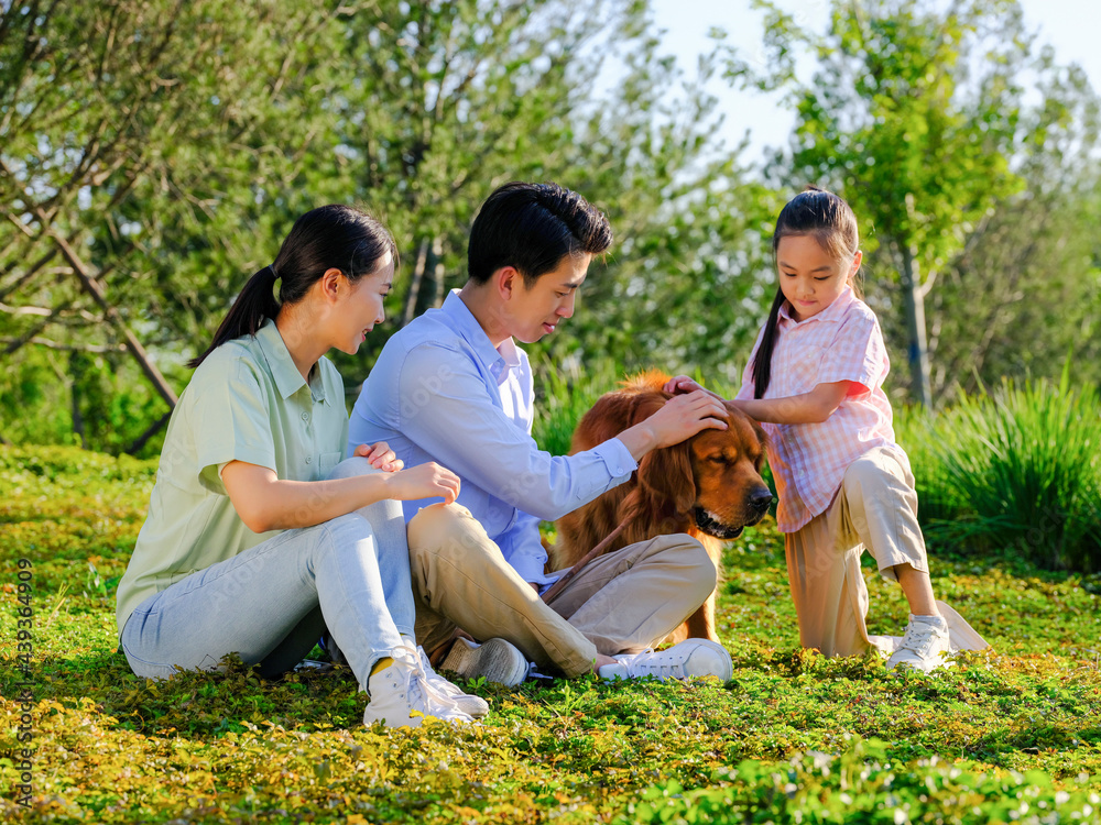 Happy family of three and pet dog playing in the park