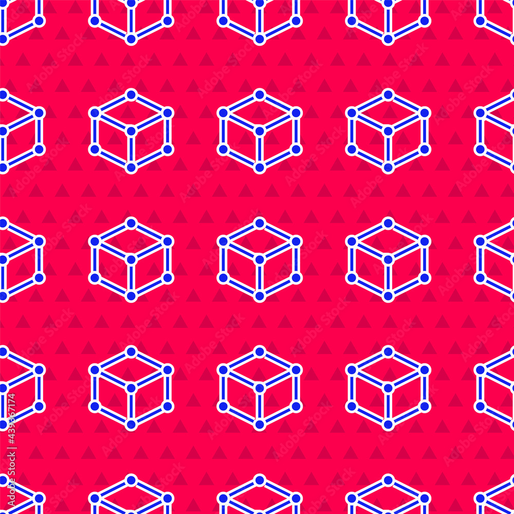 Blue Isometric cube icon isolated seamless pattern on red background. Geometric cubes solid icon. 3D