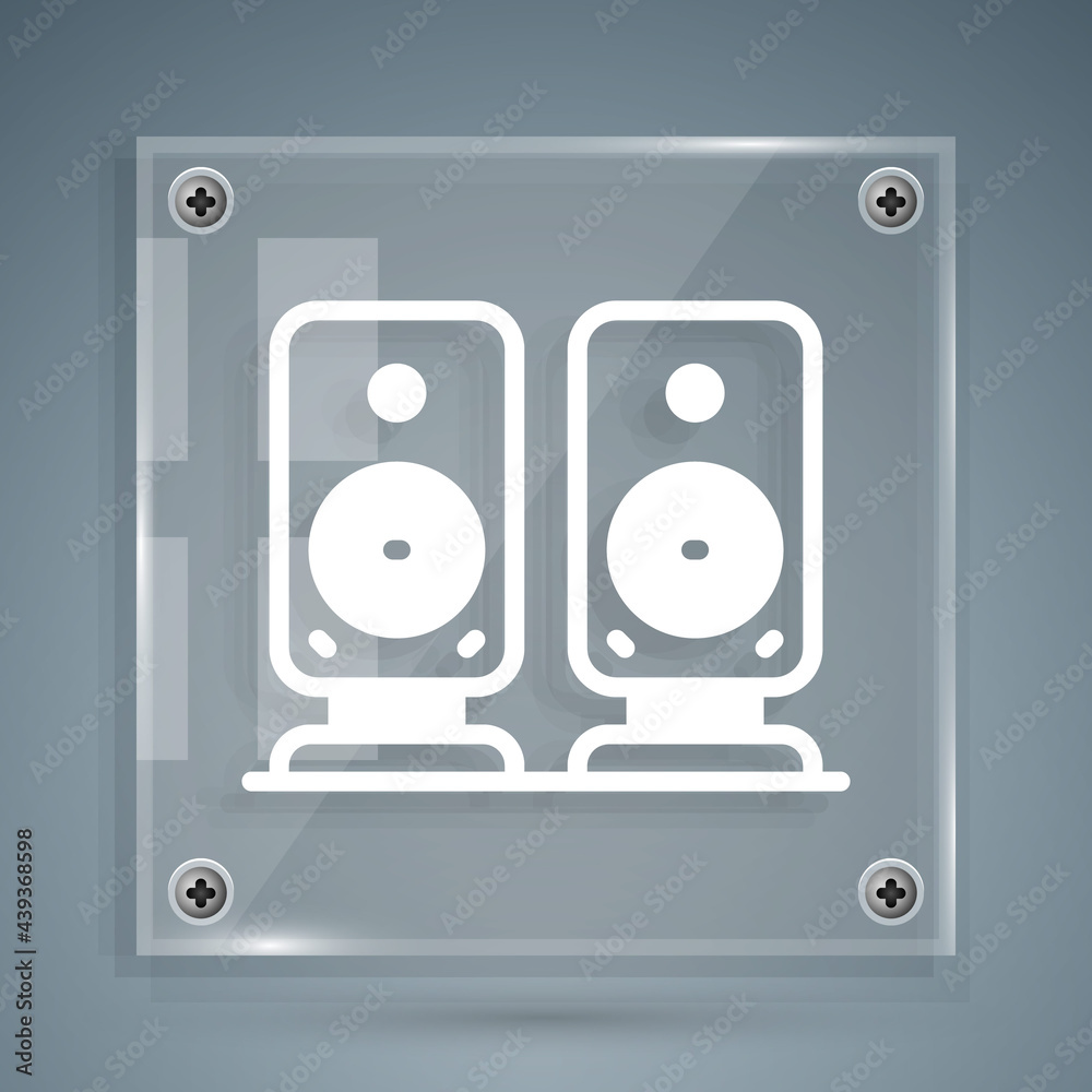 White Stereo speaker icon isolated on grey background. Sound system speakers. Music icon. Musical co