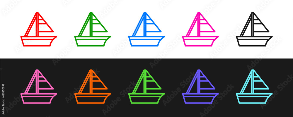 Set line Yacht sailboat or sailing ship icon isolated on black and white background. Sail boat marin