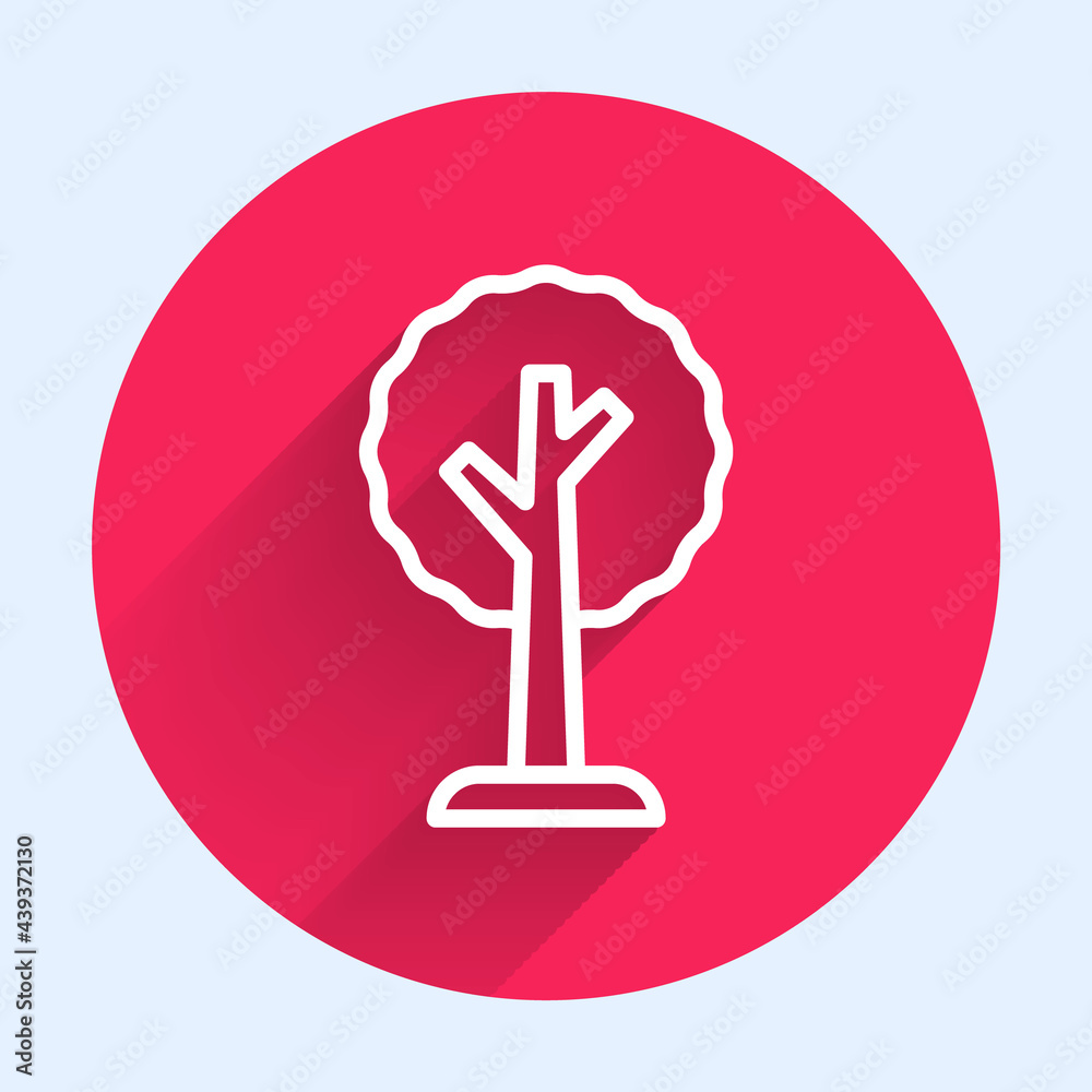 White line Tree icon isolated with long shadow. Forest symbol. Red circle button. Vector