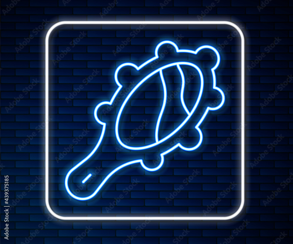 Glowing neon line Magic hand mirror icon isolated on brick wall background. Vector