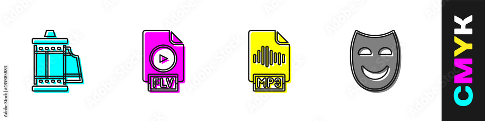 设置相机胶卷盒、FLV文件文档、MP3和喜剧剧场面具图标。矢量