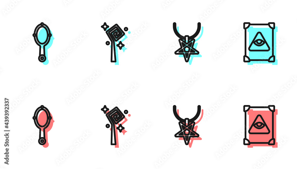 Set line Pentagram on necklace, Magic hand mirror, staff and Ancient magic book icon. Vector