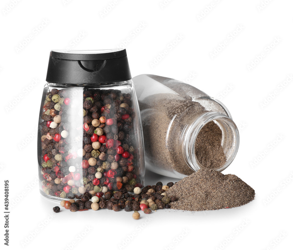 Jars with mixed peppercorns and black pepper powder on white background