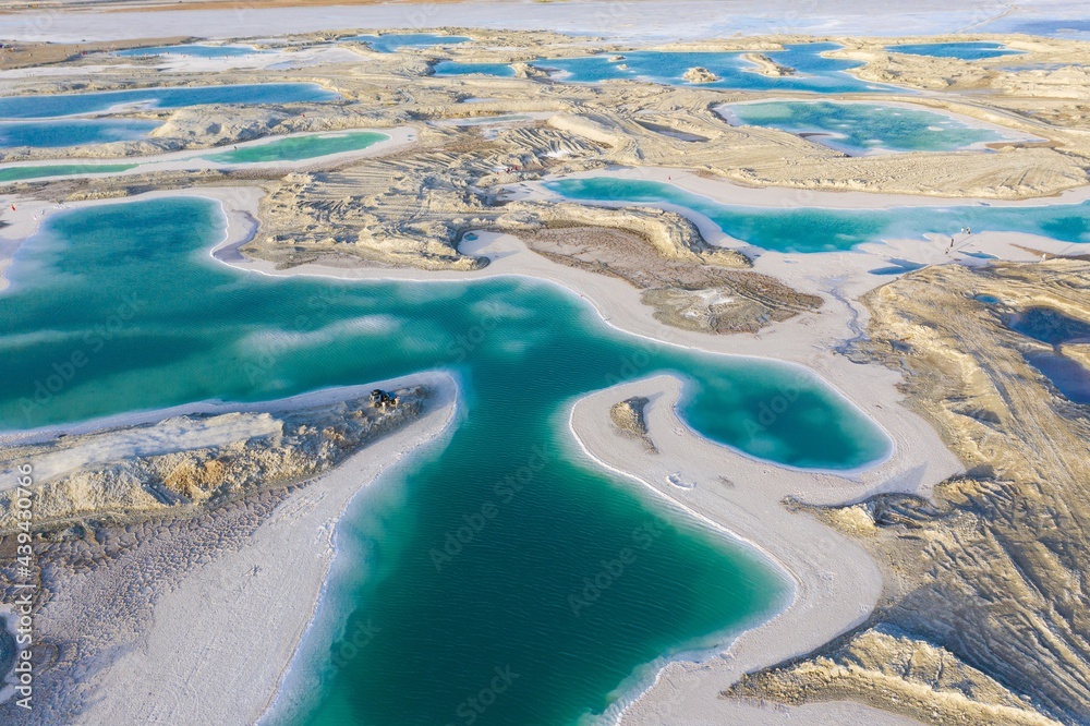 Aerial view of beautiful Feicui lake in Qinghai, China.