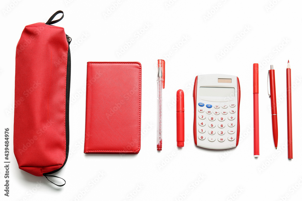 Pencil case with stationery on white background