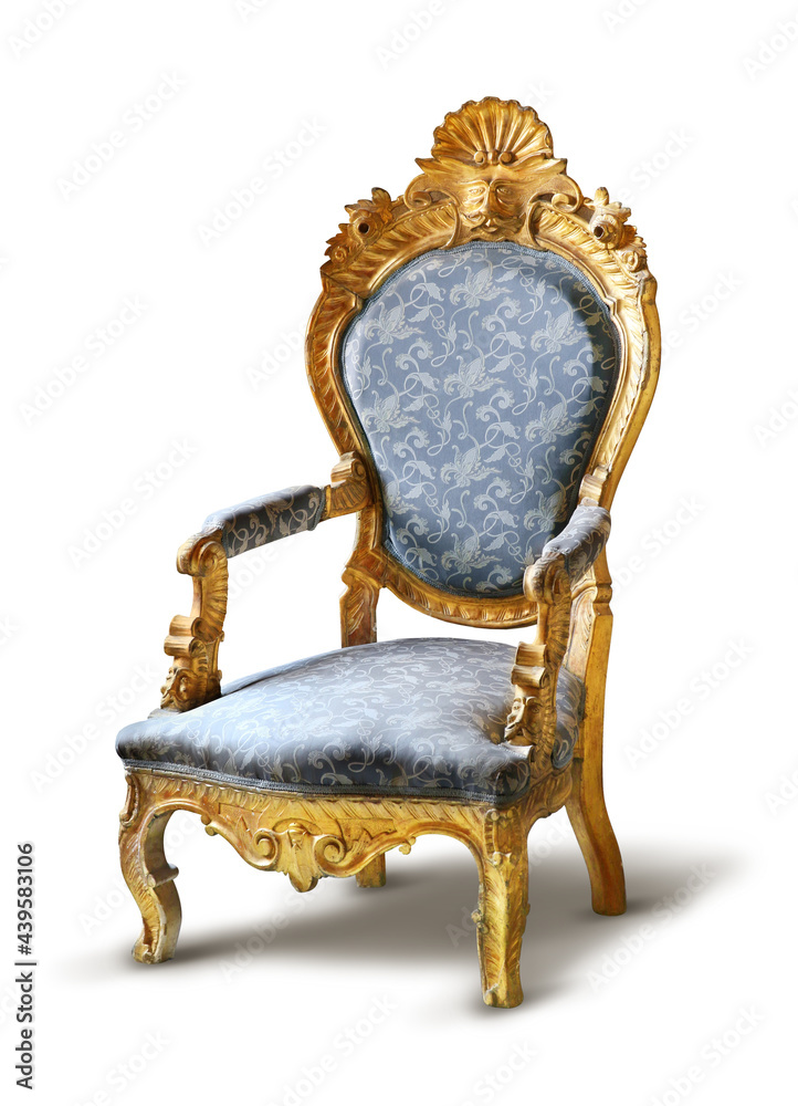 Rococo throne chair with golden carved decoration, isolated on white