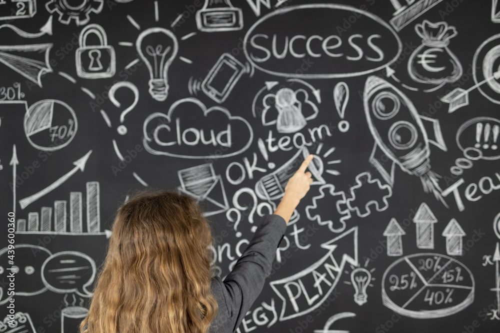 Young businesswoman against chalkboard with business sketch