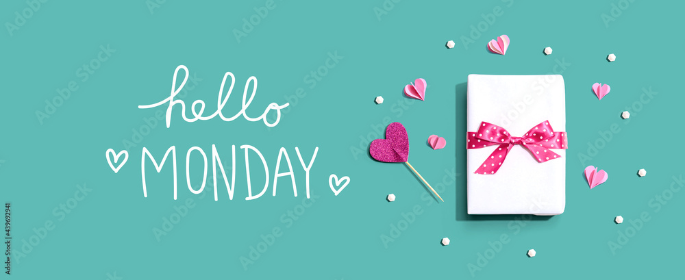 Hello Monday message with a gift box and hearts