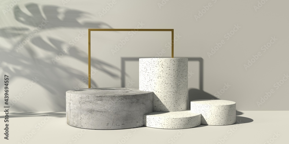 3D render of minimal podiums and geometric shapes with shadow of the tropical plants