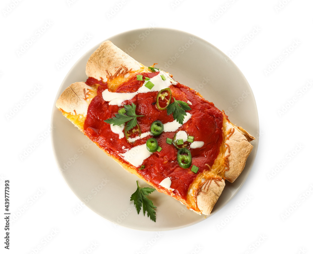 Plate with tasty cooked enchilada on white background