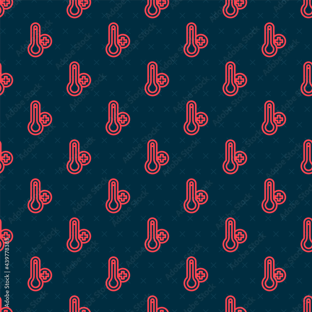 Red line Meteorology thermometer measuring heat and cold icon isolated seamless pattern on black bac