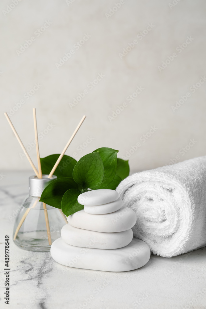 Set of spa supplies on white background