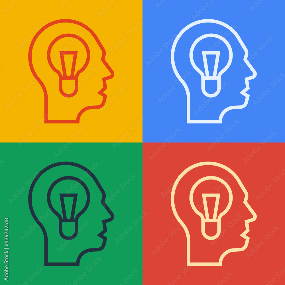 Pop art line Human with lamp bulb icon isolated on color background. Concept of idea. Vector