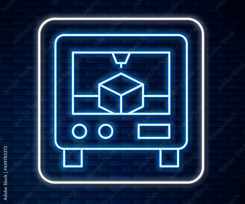 在砖墙背景上隔离的发光霓虹线3D打印机图标。3D打印。矢量