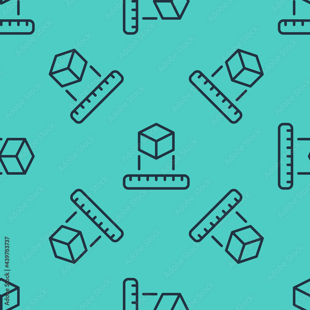 Black line Isometric cube icon isolated seamless pattern on green background. Geometric cubes solid 