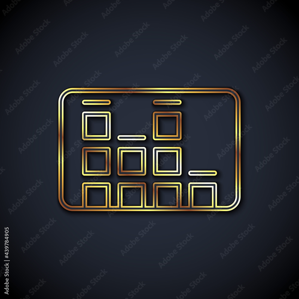 Gold line Music equalizer icon isolated on black background. Sound wave. Audio digital equalizer tec