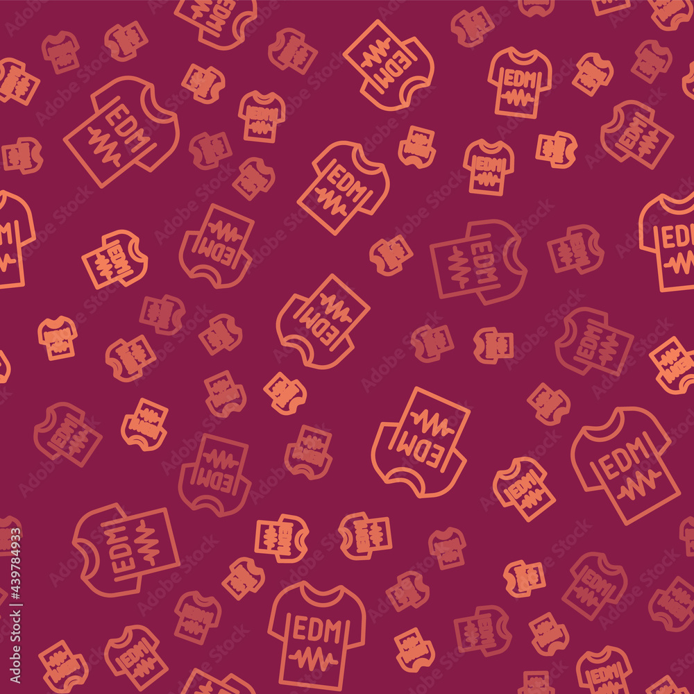 Brown line T-shirt icon isolated seamless pattern on red background. Vector