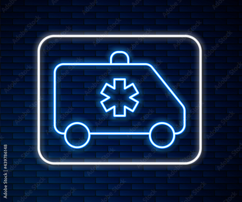 Glowing neon line Ambulance and emergency car icon isolated on brick wall background. Ambulance vehi